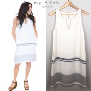 RAG & BONE Linen Sleeveless Mini Shift Dress Stripe Leather Trim Cream Black 2